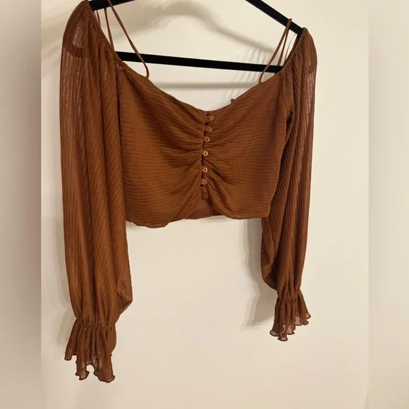 Zara Brown Pleated Long Sleeve Crop Top size-L - Picture 6 of 7